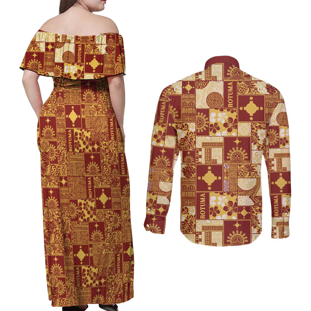 Rotuma Faiakse'ea 'e Kirisimasi Couples Matching Off Shoulder Maxi Dress and Long Sleeve Button Shirt Pacific Patchwork Xmas Vibes LT9 - Polynesian Pride