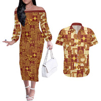 Rotuma Faiakse'ea 'e Kirisimasi Couples Matching Off The Shoulder Long Sleeve Dress and Hawaiian Shirt Pacific Patchwork Xmas Vibes LT9 Red - Polynesian Pride
