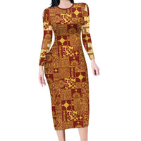 Rotuma Faiakse'ea 'e Kirisimasi Family Matching Long Sleeve Bodycon Dress and Hawaiian Shirt Pacific Patchwork Xmas Vibes LT9 Mom's Dress Red - Polynesian Pride