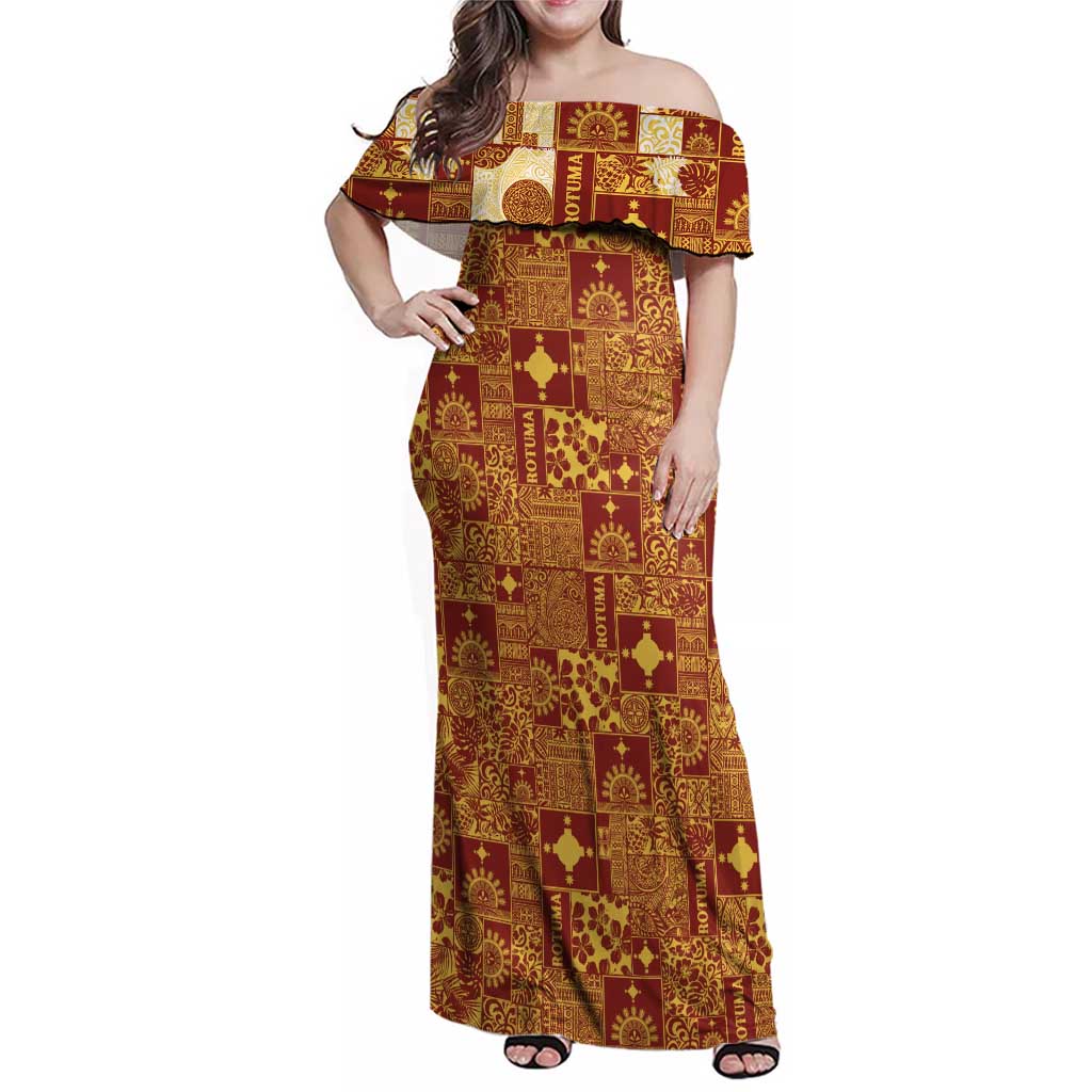 Rotuma Faiakse'ea 'e Kirisimasi Family Matching Off Shoulder Maxi Dress and Hawaiian Shirt Pacific Patchwork Xmas Vibes LT9 Mom's Dress Red - Polynesian Pride