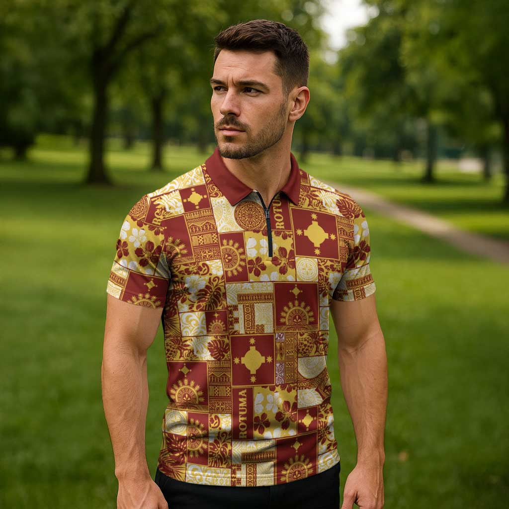 Rotuma Faiakse'ea 'e Kirisimasi Zipper Polo Shirt Pacific Patchwork Xmas Vibes - Polynesian Pride