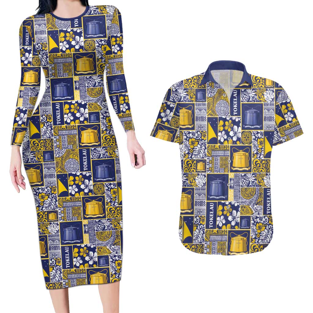 Tokelau Manuia te Kilihimahi Couples Matching Long Sleeve Bodycon Dress and Hawaiian Shirt Pacific Patchwork Xmas Vibes LT9 Blue - Polynesian Pride