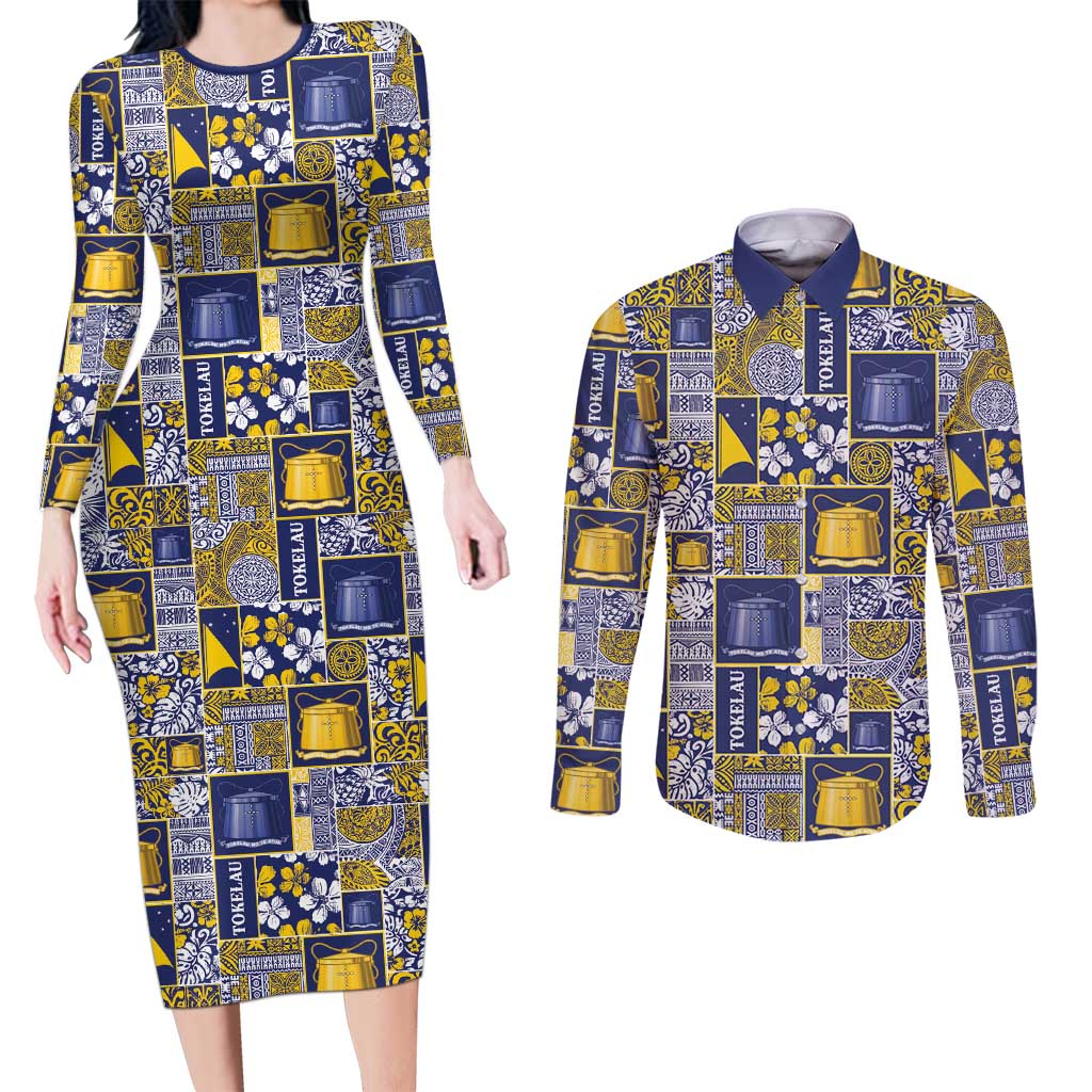 Tokelau Manuia te Kilihimahi Couples Matching Long Sleeve Bodycon Dress and Long Sleeve Button Shirt Pacific Patchwork Xmas Vibes LT9 Blue - Polynesian Pride