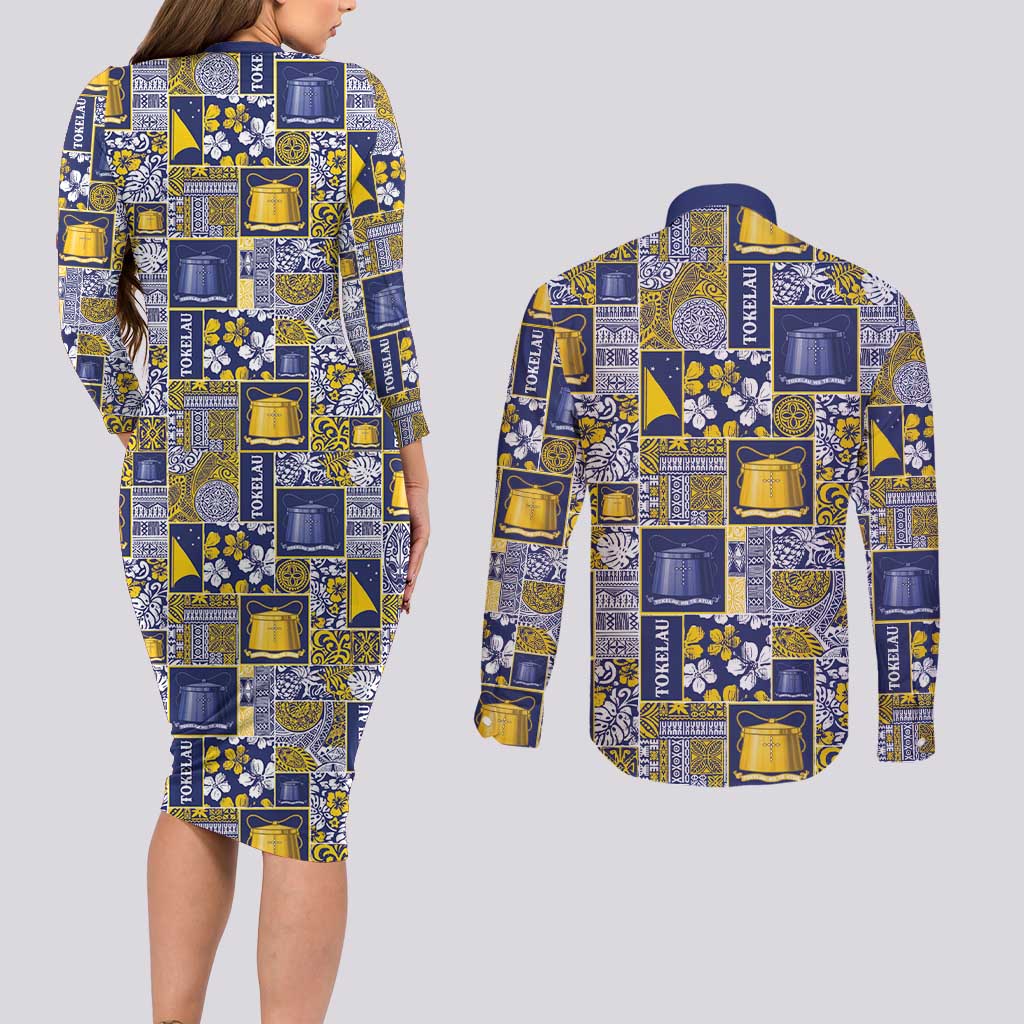Tokelau Manuia te Kilihimahi Couples Matching Long Sleeve Bodycon Dress and Long Sleeve Button Shirt Pacific Patchwork Xmas Vibes LT9 - Polynesian Pride