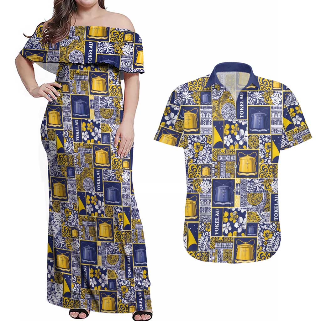 Tokelau Manuia te Kilihimahi Couples Matching Off Shoulder Maxi Dress and Hawaiian Shirt Pacific Patchwork Xmas Vibes LT9 Blue - Polynesian Pride