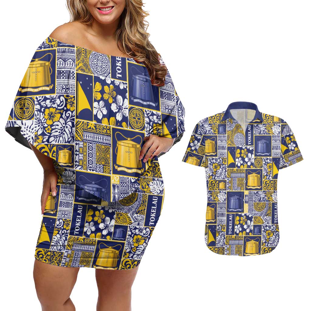 Tokelau Manuia te Kilihimahi Couples Matching Off Shoulder Short Dress and Hawaiian Shirt Pacific Patchwork Xmas Vibes LT9 Blue - Polynesian Pride