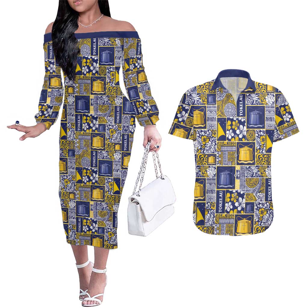 Tokelau Manuia te Kilihimahi Couples Matching Off The Shoulder Long Sleeve Dress and Hawaiian Shirt Pacific Patchwork Xmas Vibes LT9 Blue - Polynesian Pride
