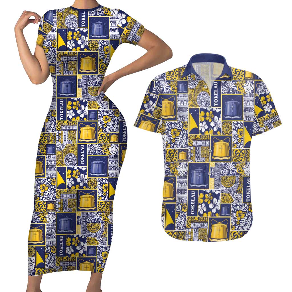 Tokelau Manuia te Kilihimahi Couples Matching Short Sleeve Bodycon Dress and Hawaiian Shirt Pacific Patchwork Xmas Vibes LT9 Blue - Polynesian Pride