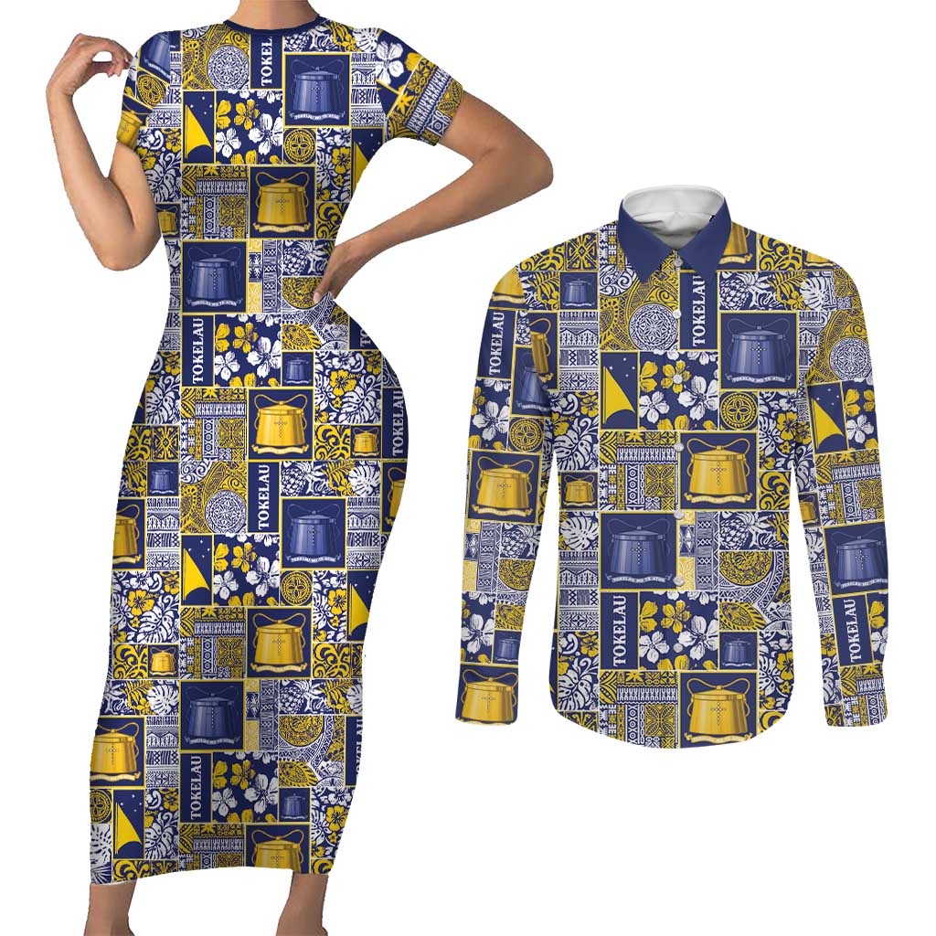 Tokelau Manuia te Kilihimahi Couples Matching Short Sleeve Bodycon Dress and Long Sleeve Button Shirt Pacific Patchwork Xmas Vibes LT9 Blue - Polynesian Pride