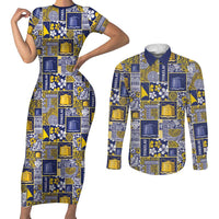 Tokelau Manuia te Kilihimahi Couples Matching Short Sleeve Bodycon Dress and Long Sleeve Button Shirt Pacific Patchwork Xmas Vibes LT9 Blue - Polynesian Pride
