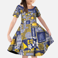 Tokelau Manuia te Kilihimahi Family Matching Off The Shoulder Long Sleeve Dress and Hawaiian Shirt Pacific Patchwork Xmas Vibes LT9 Daughter's Dress Blue - Polynesian Pride