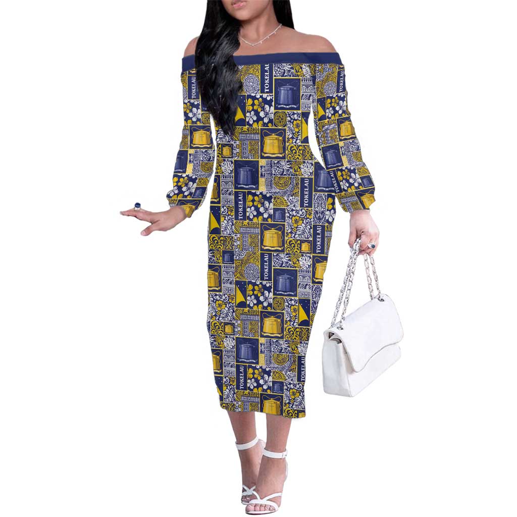 Tokelau Manuia te Kilihimahi Family Matching Off The Shoulder Long Sleeve Dress and Hawaiian Shirt Pacific Patchwork Xmas Vibes LT9 Mom's Dress Blue - Polynesian Pride