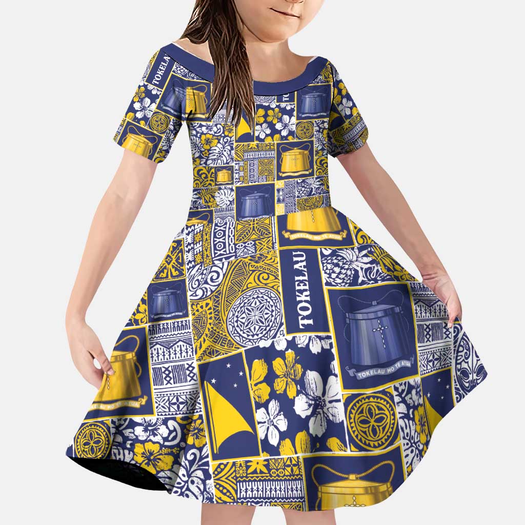 Tokelau Manuia te Kilihimahi Family Matching Off Shoulder Short Dress and Hawaiian Shirt Pacific Patchwork Xmas Vibes LT9 Daughter's Dress Blue - Polynesian Pride
