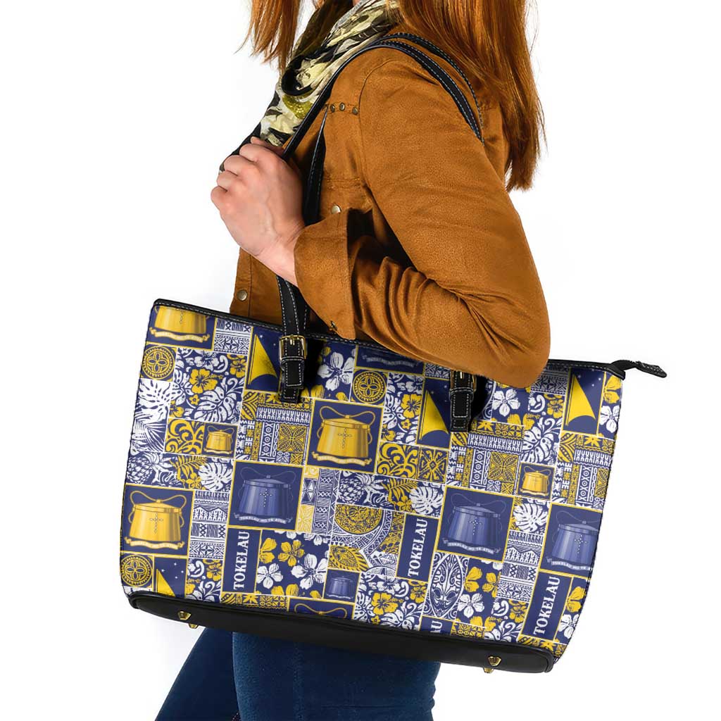 Tokelau Manuia te Kilihimahi Leather Tote Bag Pacific Patchwork Xmas Vibes LT9 Blue - Polynesian Pride
