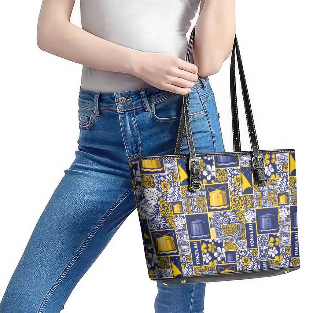 Tokelau Manuia te Kilihimahi Leather Tote Bag Pacific Patchwork Xmas Vibes LT9 - Polynesian Pride