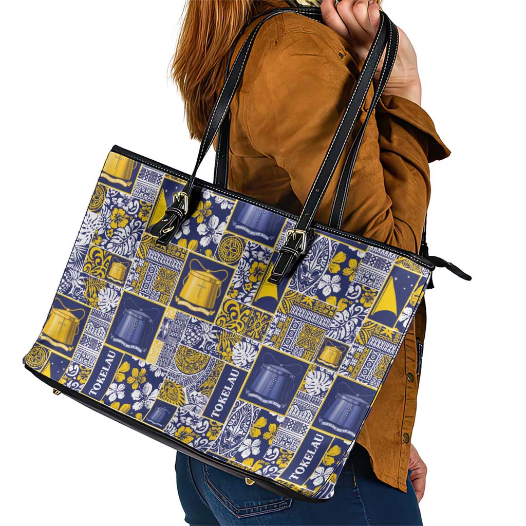 Tokelau Manuia te Kilihimahi Leather Tote Bag Pacific Patchwork Xmas Vibes LT9 - Polynesian Pride