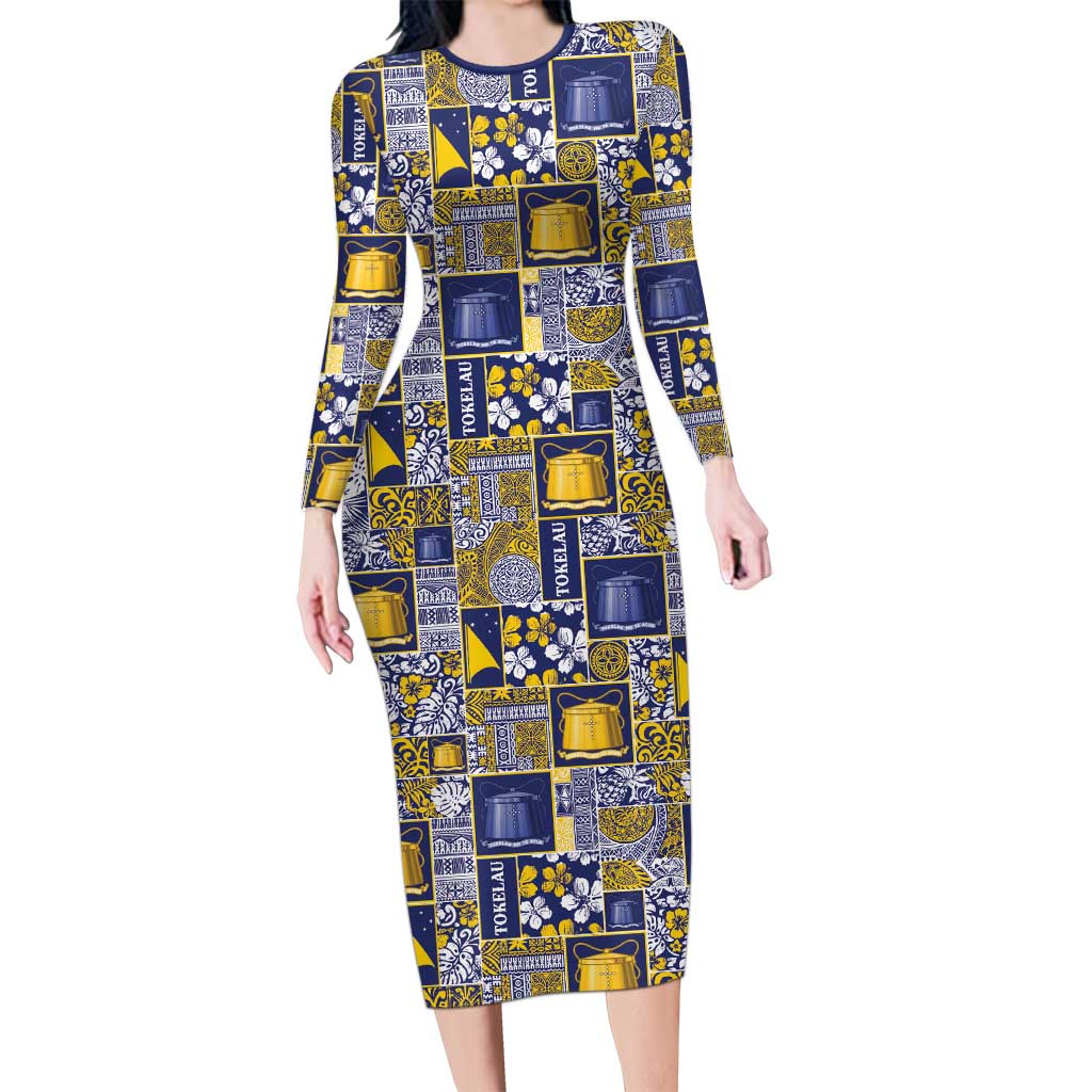 Tokelau Manuia te Kilihimahi Long Sleeve Bodycon Dress Pacific Patchwork Xmas Vibes - Polynesian Pride