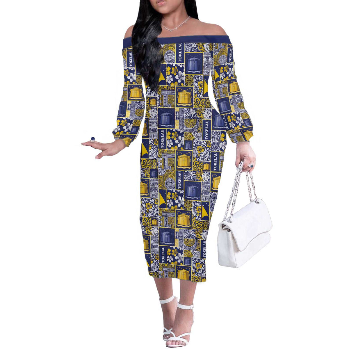 Tokelau Manuia te Kilihimahi Off The Shoulder Long Sleeve Dress Pacific Patchwork Xmas Vibes LT9 Women Blue - Polynesian Pride