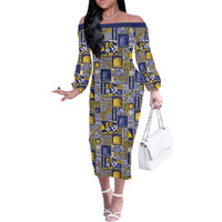 Tokelau Manuia te Kilihimahi Off The Shoulder Long Sleeve Dress Pacific Patchwork Xmas Vibes LT9 Women Blue - Polynesian Pride