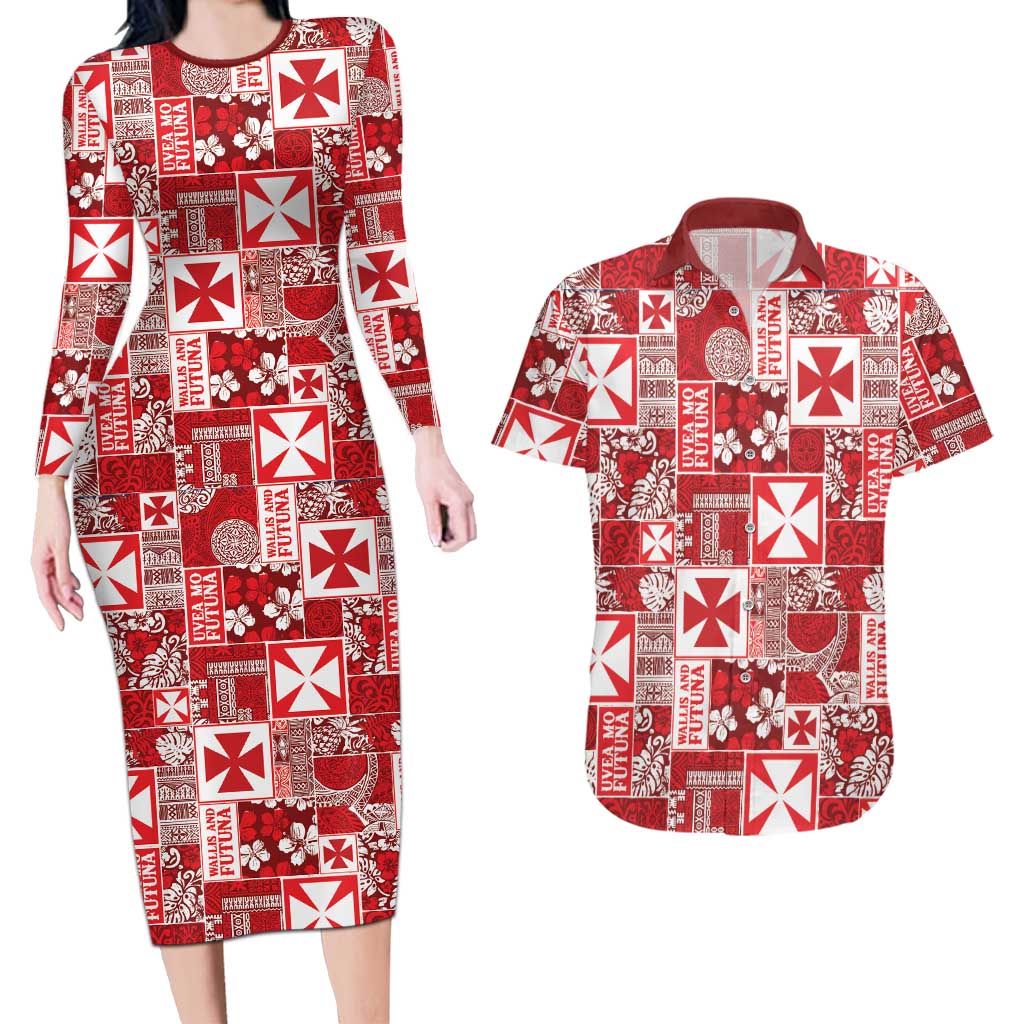 Wallis Et Futuna Kilisimasi Fiefia Couples Matching Long Sleeve Bodycon Dress and Hawaiian Shirt Pacific Patchwork Xmas Vibes LT9 Red - Polynesian Pride