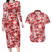 Wallis Et Futuna Kilisimasi Fiefia Couples Matching Long Sleeve Bodycon Dress and Hawaiian Shirt Pacific Patchwork Xmas Vibes LT9 Red - Polynesian Pride