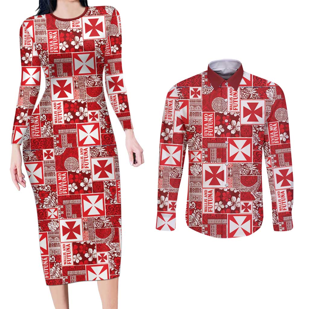 Wallis Et Futuna Kilisimasi Fiefia Couples Matching Long Sleeve Bodycon Dress and Long Sleeve Button Shirt Pacific Patchwork Xmas Vibes LT9 Red - Polynesian Pride