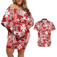 Wallis Et Futuna Kilisimasi Fiefia Couples Matching Off Shoulder Short Dress and Hawaiian Shirt Pacific Patchwork Xmas Vibes LT9 Red - Polynesian Pride
