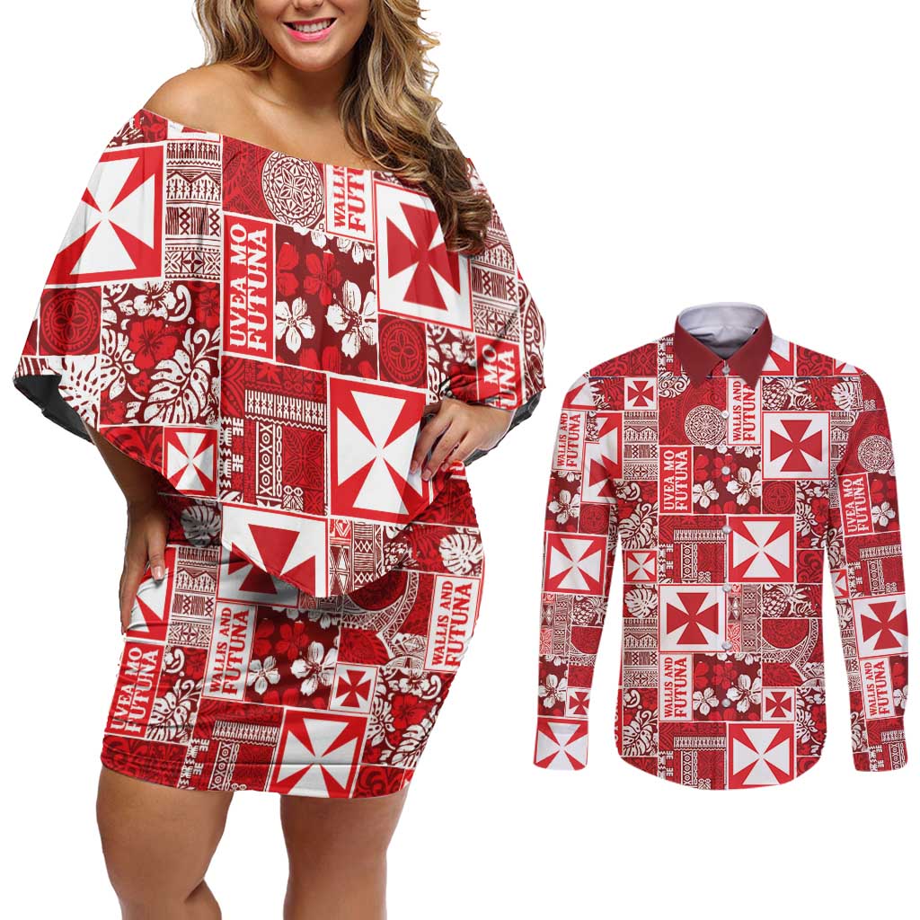 Wallis Et Futuna Kilisimasi Fiefia Couples Matching Off Shoulder Short Dress and Long Sleeve Button Shirt Pacific Patchwork Xmas Vibes LT9 Red - Polynesian Pride