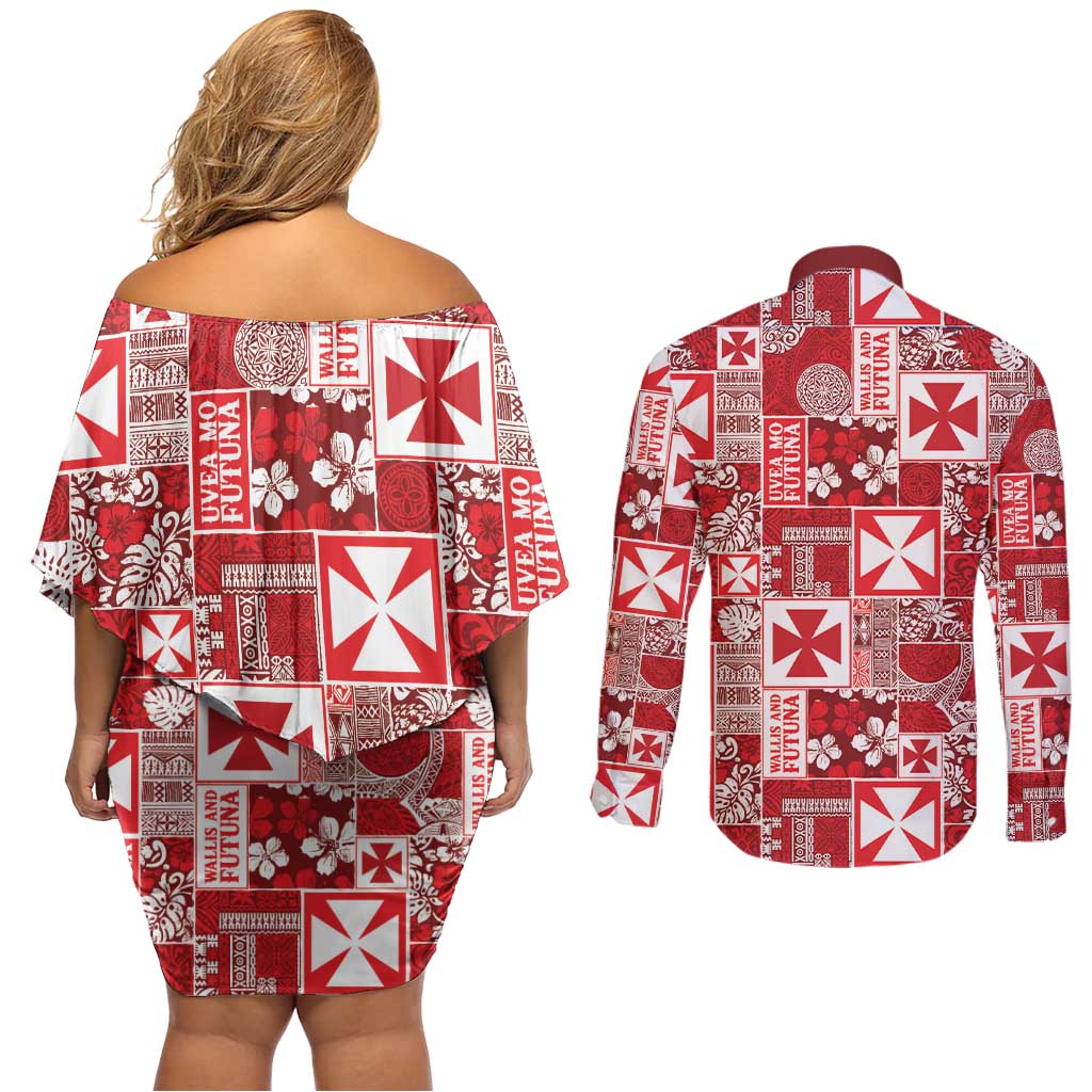 Wallis Et Futuna Kilisimasi Fiefia Couples Matching Off Shoulder Short Dress and Long Sleeve Button Shirt Pacific Patchwork Xmas Vibes LT9 - Polynesian Pride
