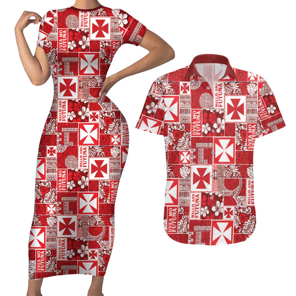 Wallis Et Futuna Kilisimasi Fiefia Couples Matching Short Sleeve Bodycon Dress and Hawaiian Shirt Pacific Patchwork Xmas Vibes - Polynesian Pride