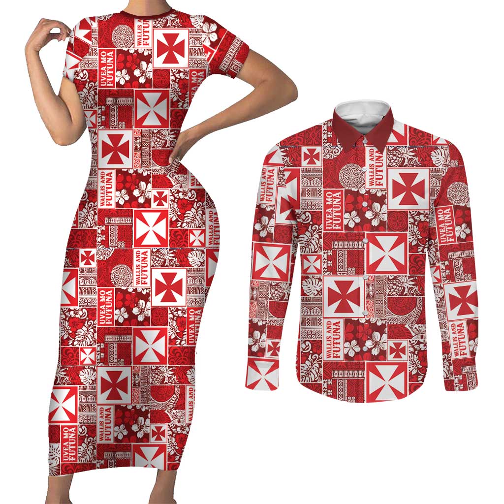 Wallis Et Futuna Kilisimasi Fiefia Couples Matching Short Sleeve Bodycon Dress and Long Sleeve Button Shirt Pacific Patchwork Xmas Vibes LT9 Red - Polynesian Pride