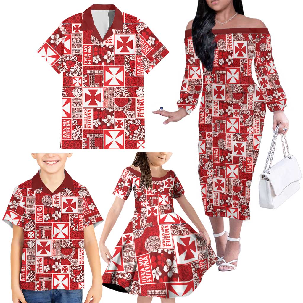 Wallis Et Futuna Kilisimasi Fiefia Family Matching Off The Shoulder Long Sleeve Dress and Hawaiian Shirt Pacific Patchwork Xmas Vibes - Polynesian Pride