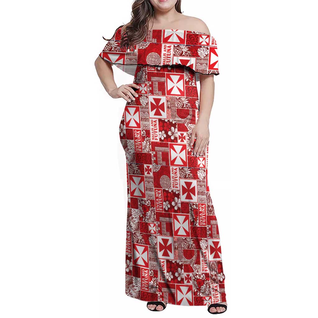 Wallis Et Futuna Kilisimasi Fiefia Family Matching Off Shoulder Maxi Dress and Hawaiian Shirt Pacific Patchwork Xmas Vibes LT9 Mom's Dress Red - Polynesian Pride