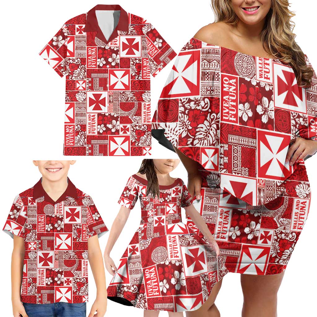 Wallis Et Futuna Kilisimasi Fiefia Family Matching Off Shoulder Short Dress and Hawaiian Shirt Pacific Patchwork Xmas Vibes - Polynesian Pride