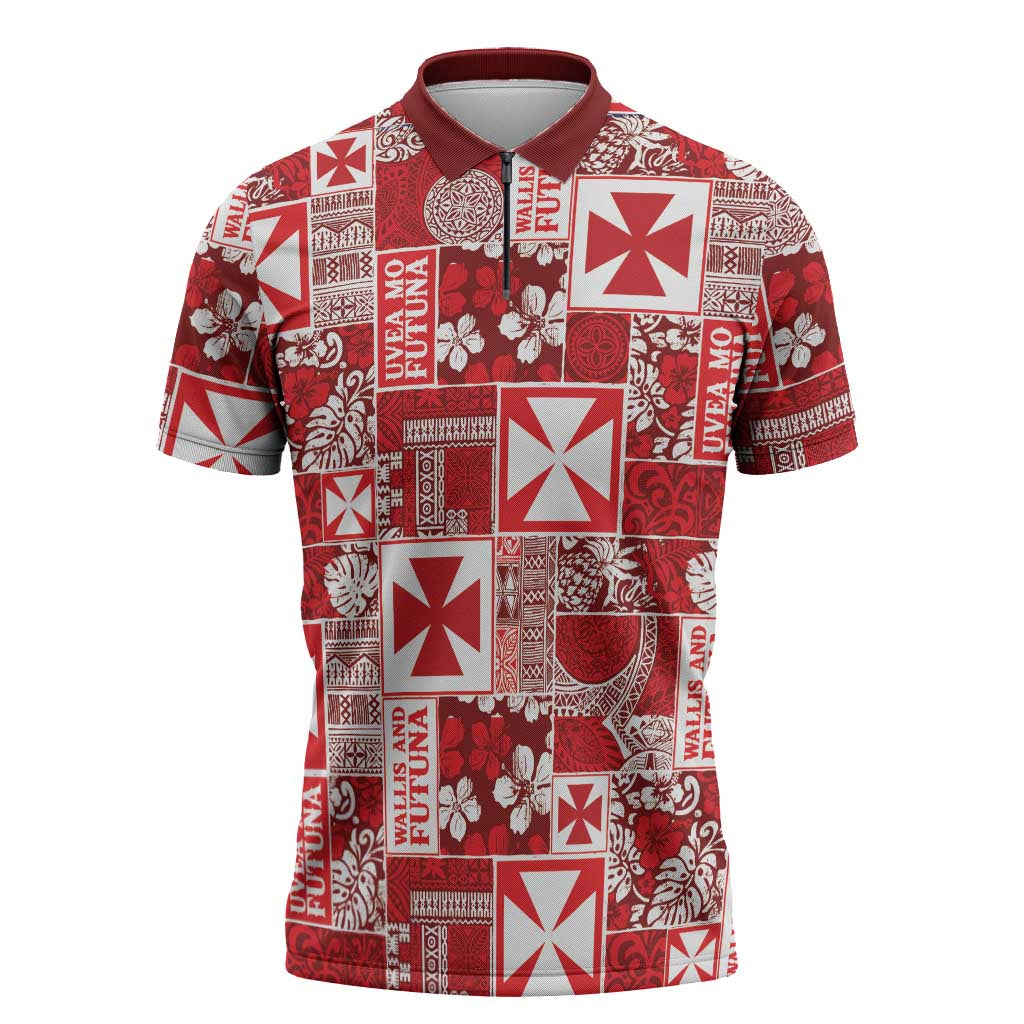 Wallis Et Futuna Kilisimasi Fiefia Zipper Polo Shirt Pacific Patchwork Xmas Vibes - Polynesian Pride