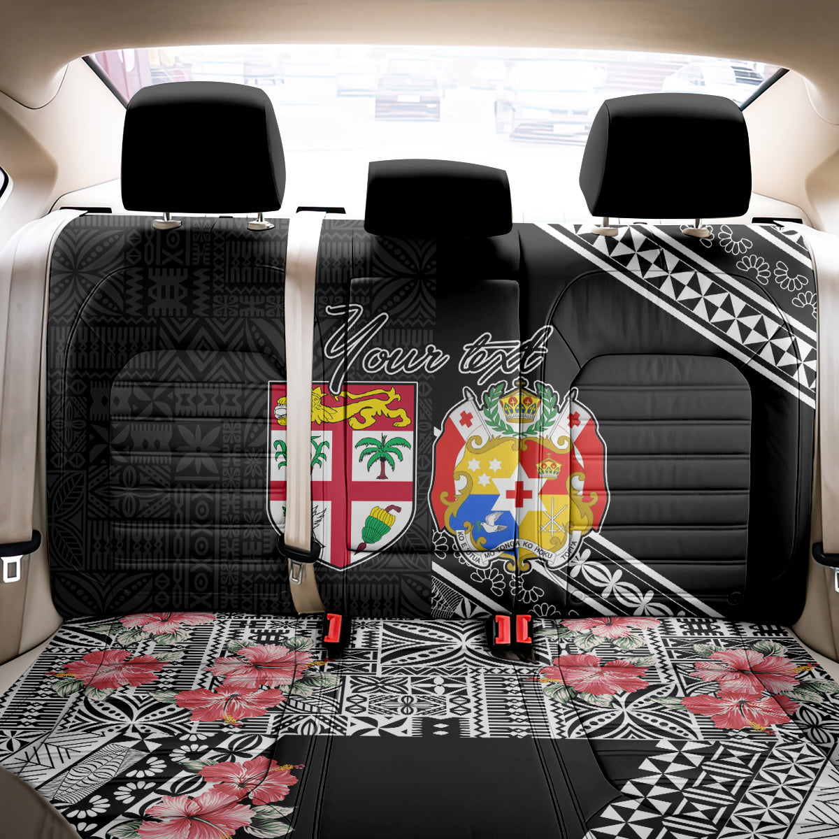 Fiji Tonga Coat of Arm Personalised Back Car Seat Cover With Masi Tapa and Tongan Ngatu Together LT9 - Polynesian Pride