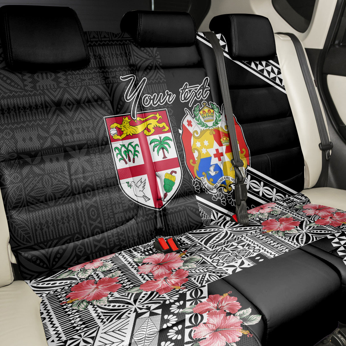 Fiji Tonga Coat of Arm Personalised Back Car Seat Cover With Masi Tapa and Tongan Ngatu Together LT9 - Polynesian Pride