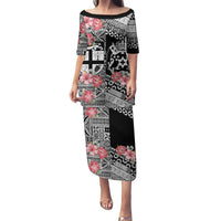 Fiji Tonga Coat of Arm Personalised Family Matching Puletasi and Hawaiian Shirt With Masi Tapa and Tongan Ngatu Together LT9 Mom's Dress Black - Polynesian Pride