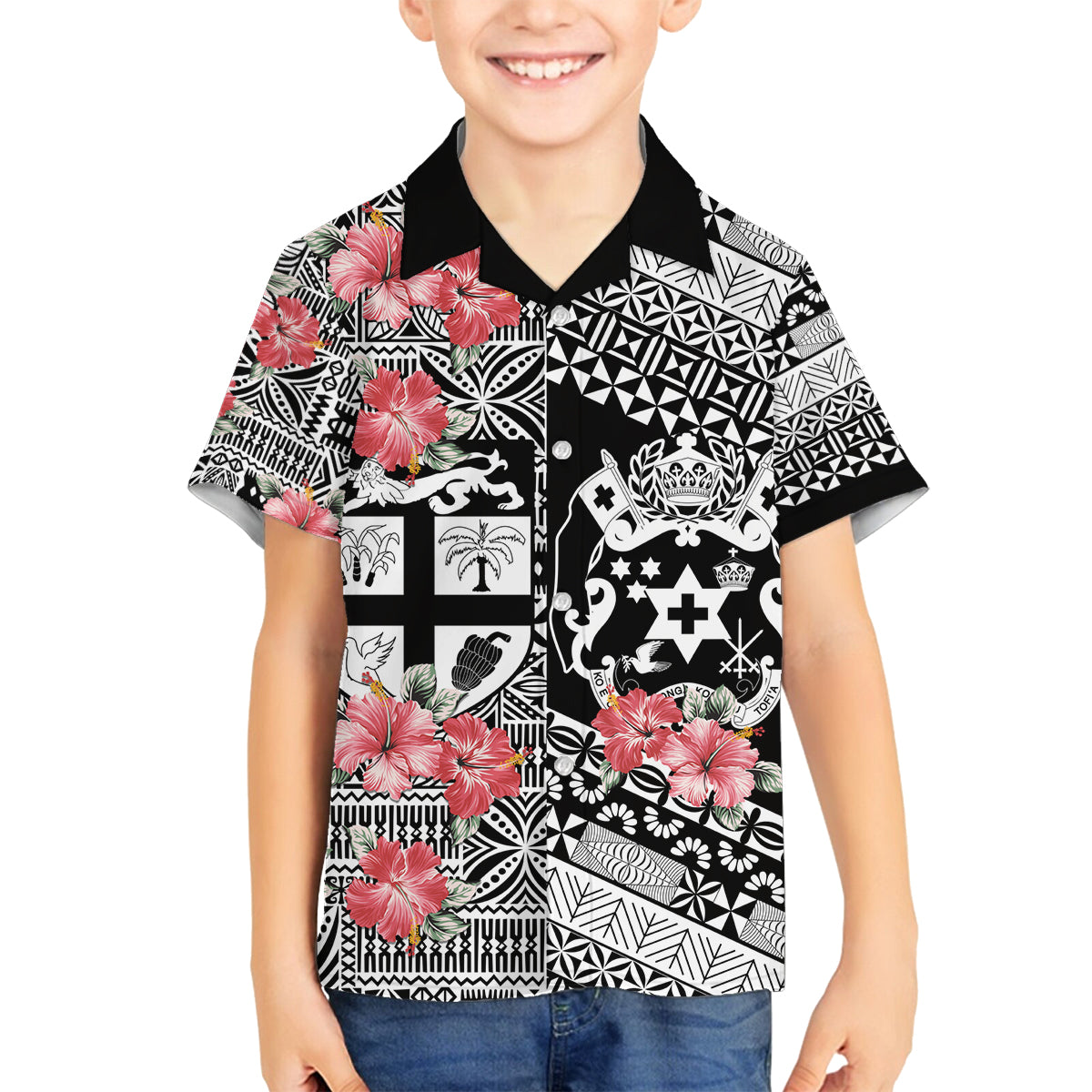 Fiji Tonga Coat of Arm Personalised Family Matching Puletasi and Hawaiian Shirt With Masi Tapa and Tongan Ngatu Together LT9 Son's Shirt Black - Polynesian Pride