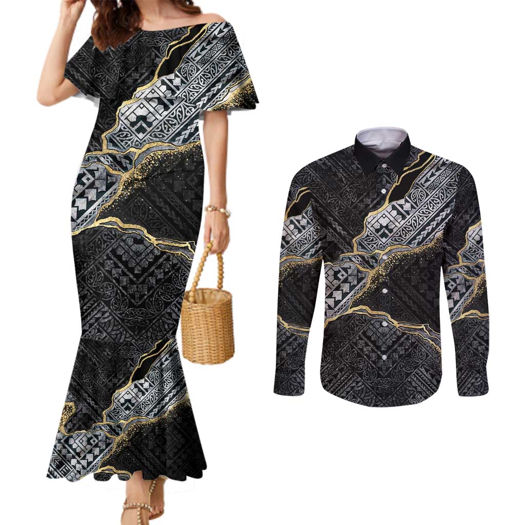 Polynesian Tribal Tattoo Couples Matching Mermaid Dress and Long Sleeve Button Shirt Dark Marble Pattern LT9 Black - Polynesian Pride
