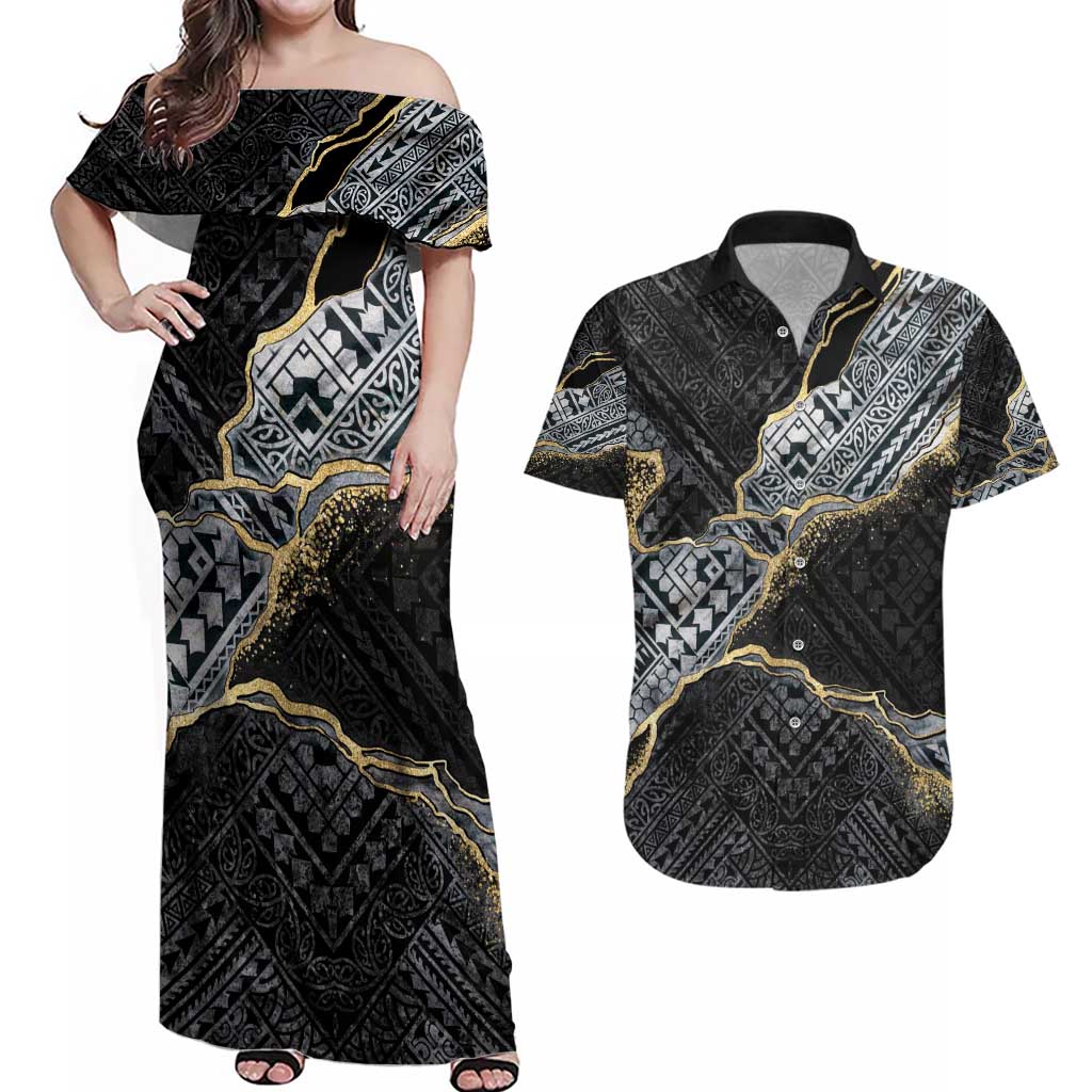 Polynesian Tribal Tattoo Couples Matching Off Shoulder Maxi Dress and Hawaiian Shirt Dark Marble Pattern LT9 Black - Polynesian Pride