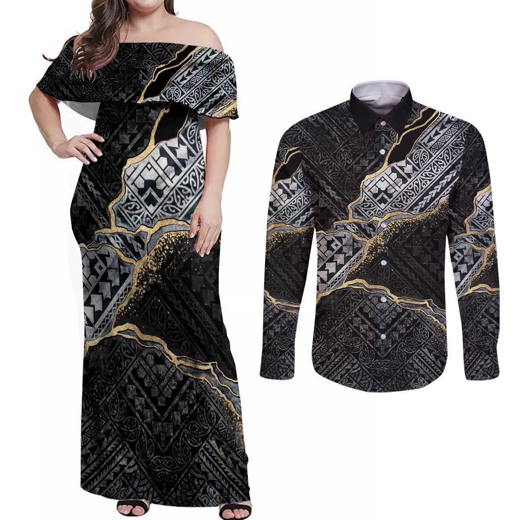 Polynesian Tribal Tattoo Couples Matching Off Shoulder Maxi Dress and Long Sleeve Button Shirt Dark Marble Pattern LT9 Black - Polynesian Pride