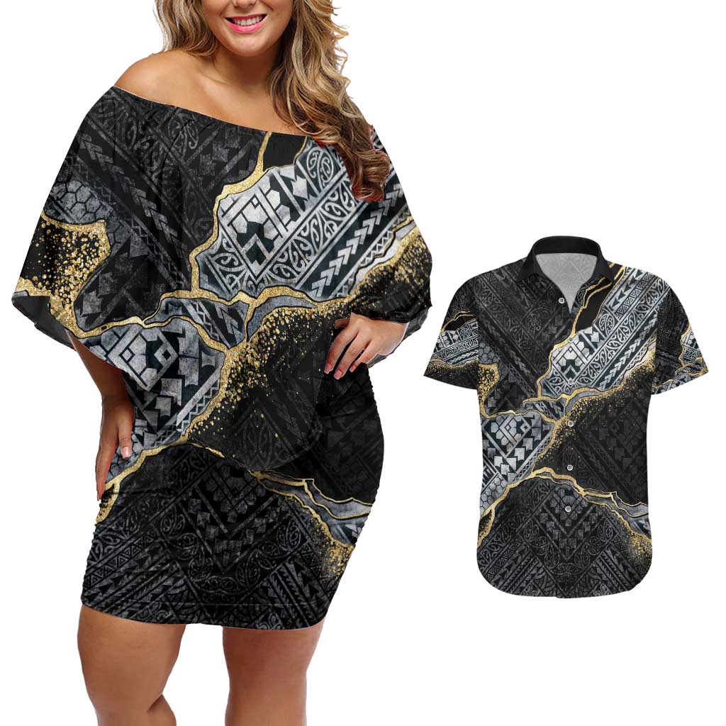 Polynesian Tribal Tattoo Couples Matching Off Shoulder Short Dress and Hawaiian Shirt Dark Marble Pattern LT9 Black - Polynesian Pride