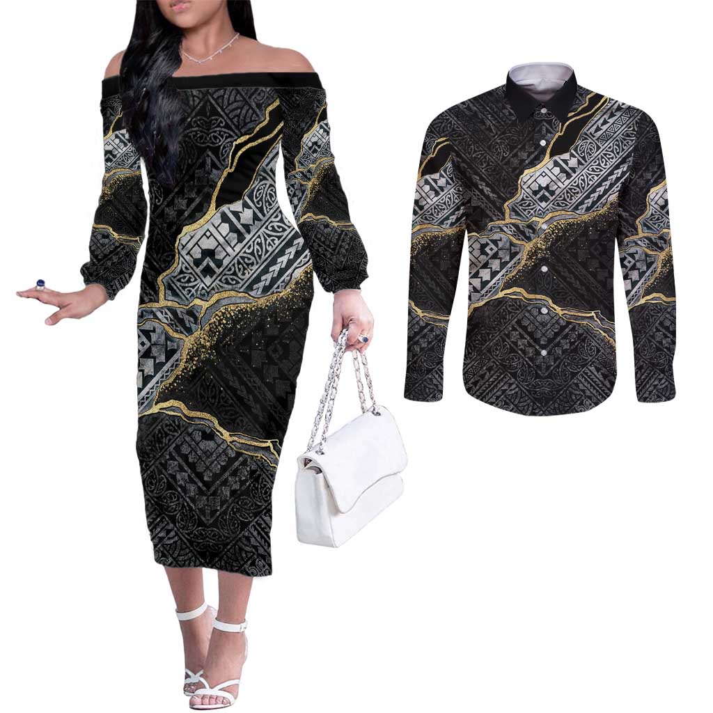 Polynesian Tribal Tattoo Couples Matching Off The Shoulder Long Sleeve Dress and Long Sleeve Button Shirt Dark Marble Pattern LT9 Black - Polynesian Pride