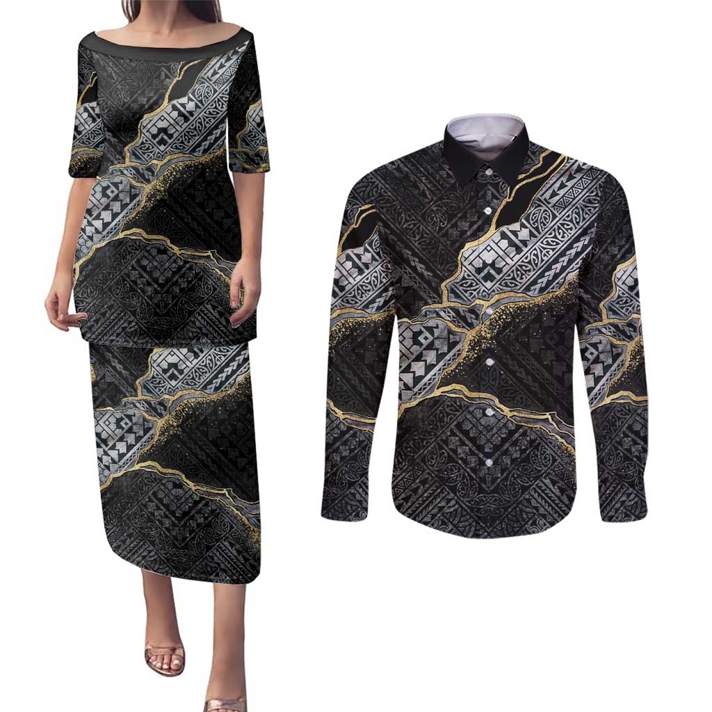 Polynesian Tribal Tattoo Couples Matching Puletasi and Long Sleeve Button Shirt Dark Marble Pattern LT9 Black - Polynesian Pride
