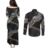 Polynesian Tribal Tattoo Couples Matching Puletasi and Long Sleeve Button Shirt Dark Marble Pattern