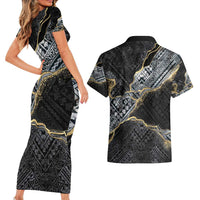Polynesian Tribal Tattoo Couples Matching Short Sleeve Bodycon Dress and Hawaiian Shirt Dark Marble Pattern LT9 - Polynesian Pride