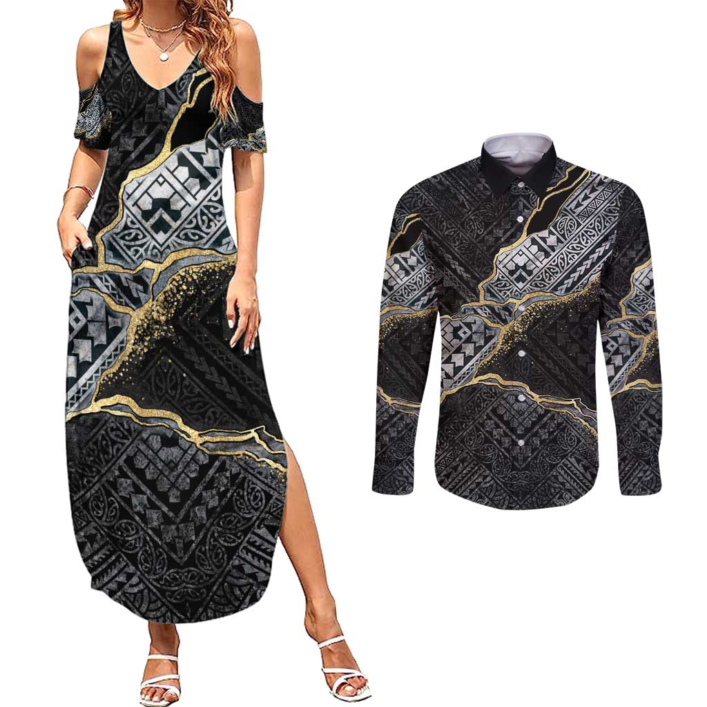 Polynesian Tribal Tattoo Couples Matching Summer Maxi Dress and Long Sleeve Button Shirt Dark Marble Pattern LT9 Black - Polynesian Pride