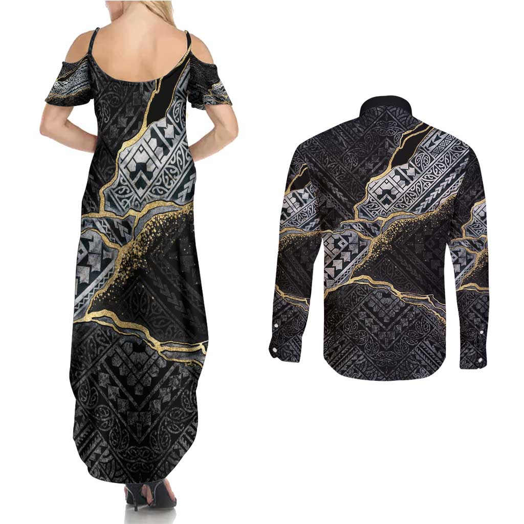 Polynesian Tribal Tattoo Couples Matching Summer Maxi Dress and Long Sleeve Button Shirt Dark Marble Pattern