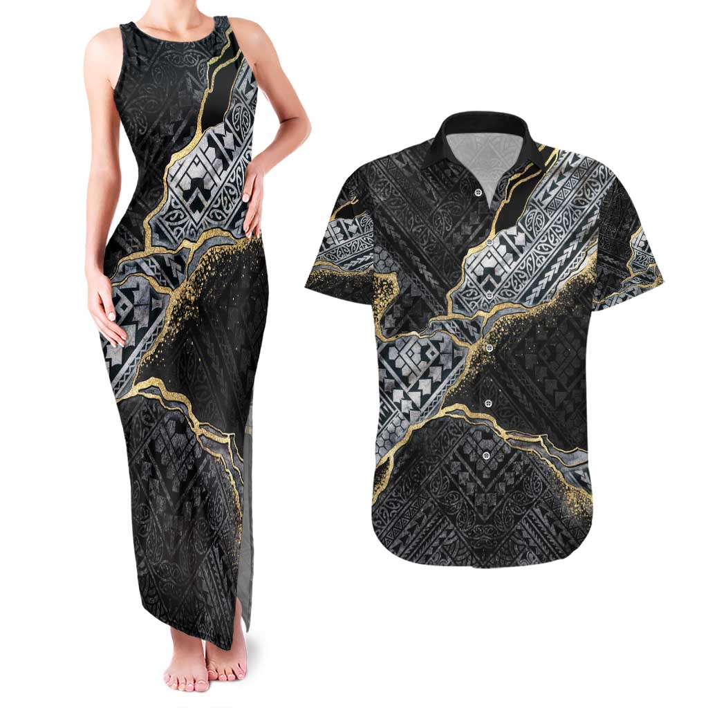 Polynesian Tribal Tattoo Couples Matching Tank Maxi Dress and Hawaiian Shirt Dark Marble Pattern LT9 Black - Polynesian Pride